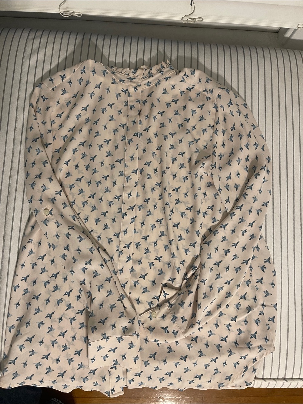 LOFT Cream Blouse with Blue Bird Print